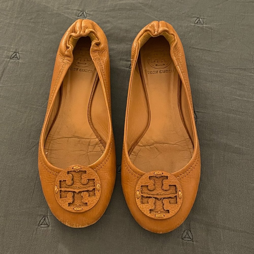 Tory Burch Reva Royal Tan Tumbled Leather Flats